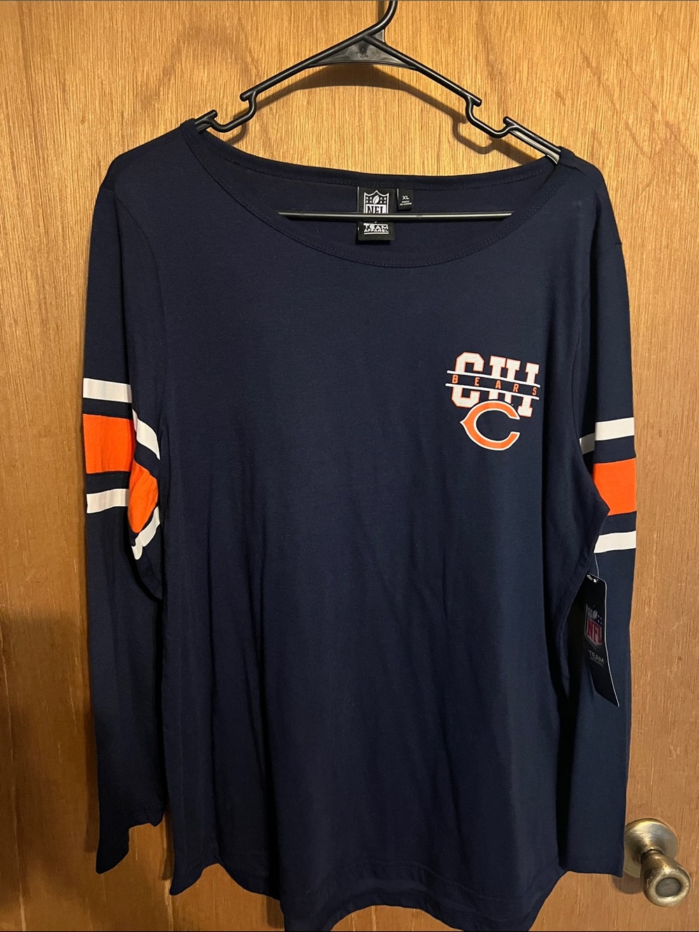 NFL Chicago Bears Navy Long Sleeve Shirt with Orange & White Sleeve Stripes
